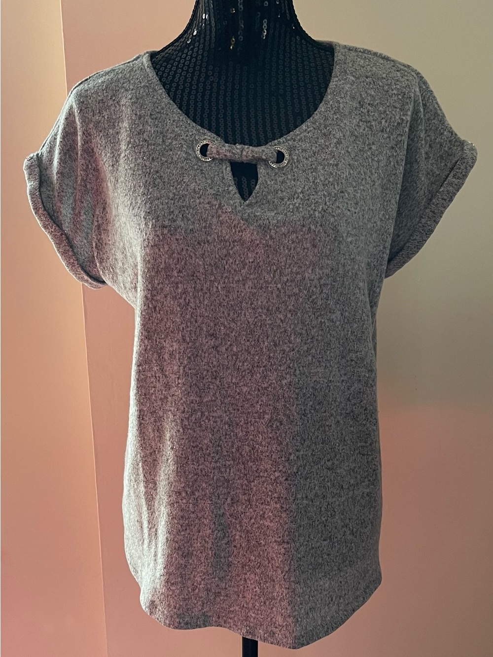 Heathered Grey Short Sleeve Knit Top Jewelled Bling Detail